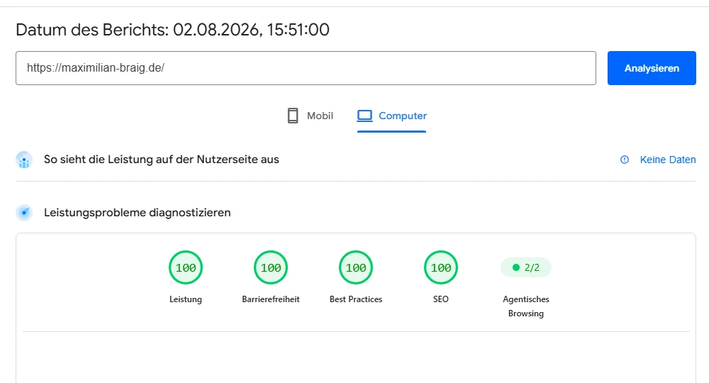 Google PageSpeed Insights Ergebnis für maximilian-braig.de, Desktop-Ansicht: 100 von 100 Punkten in Performance, Barrierefreiheit, Best Practices und SEO sowie 2 von 2 Punkten für Agentisches Browsing.