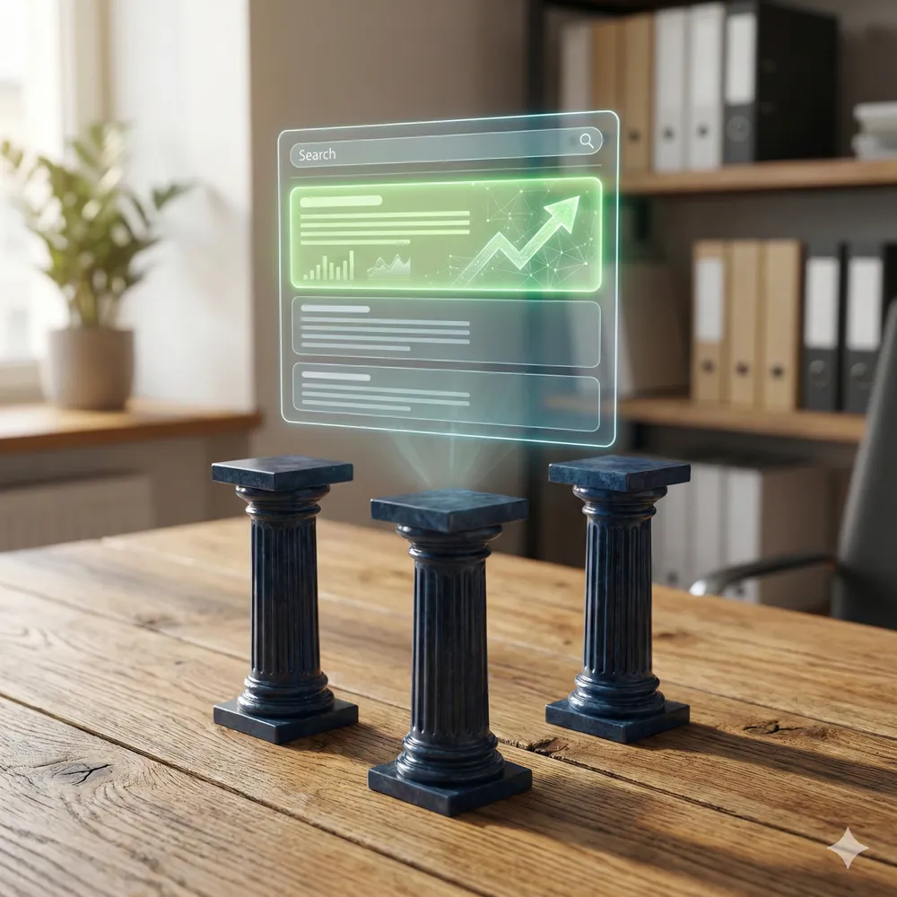 Drei antike Säulen tragen eine holografische Suchleiste mit Wachstumspfeil und Balkendiagramm - Symbolbild für die drei Säulen der SEO-Optimierung: Technik, Content und Vertrauenssignale.
