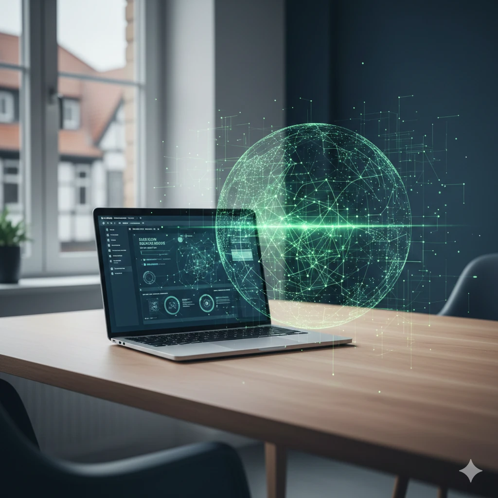 Aufgeklappter Laptop auf einem Holztisch, daneben eine leuchtende grüne Datenweltkugel als Symbol für digitale Reichweite und Wachstum.