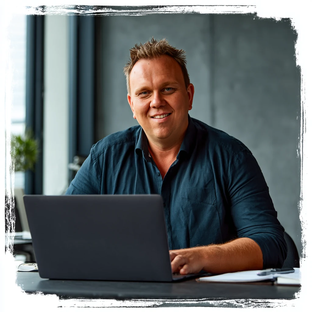 Maximilian Braig, Webdesigner und SEO-Experte aus Laupheim, arbeitet am Laptop an einer Kundenwebsite - dein direkter Ansprechpartner für Website, Google und ChatGPT.