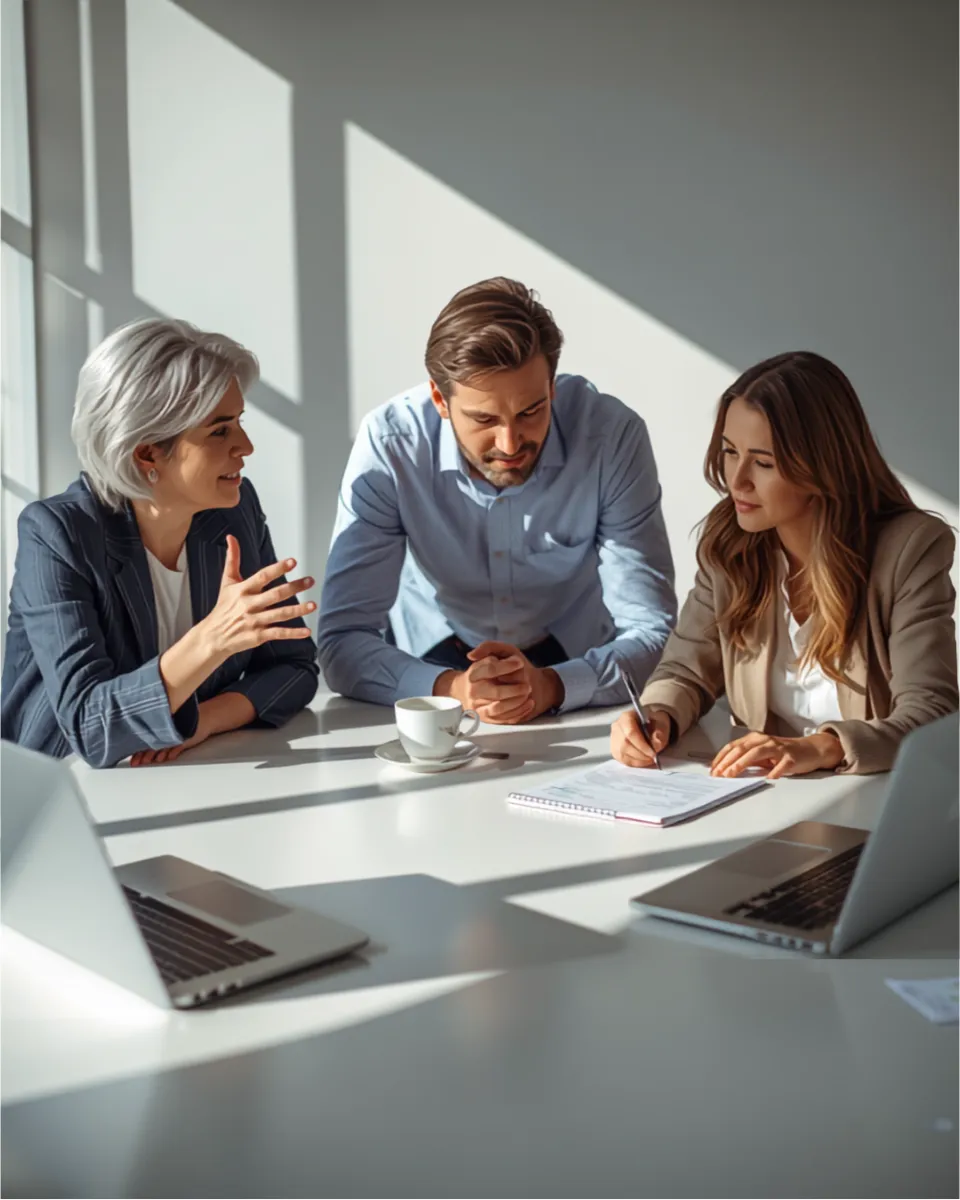 KI-generiertes Beispielbild für eine Unternehmens-Website: Team bei der Zusammenarbeit in hellem Büro.